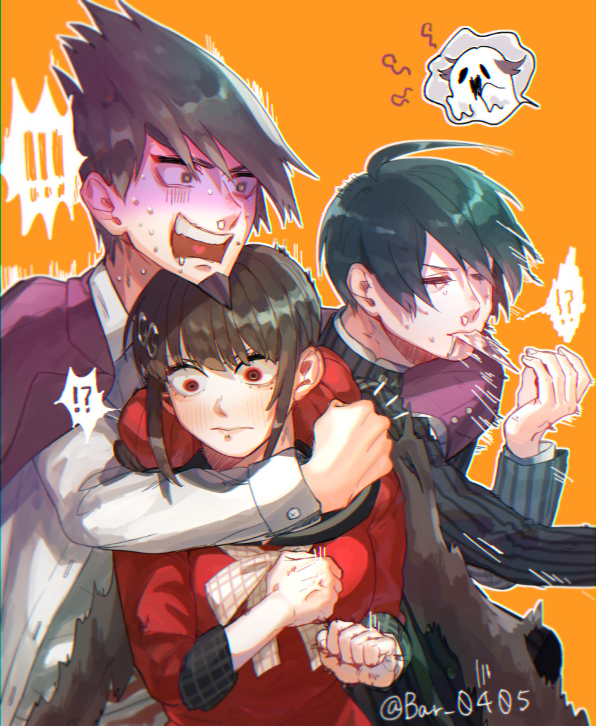 !, !!, !?, 1girl, 2boys, ahoge, artist_name, bangs, baru_(bar_0405), black_hair, black_jacket, blush, breasts, brown_hair, commentary_request, dangan_ronpa_(series), dangan_ronpa_v3:_killing_harmony, facial_hair, ghost_costume, goatee, hair_ornament, hair_scrunchie, hand_up, harukawa_maki, highres, jacket, long_hair, long_sleeves, looking_down, medium_breasts, mole, mole_under_eye, momota_kaito, multiple_boys, orange_background, ouma_kokichi, outline, purple_hair, purple_jacket, red_scrunchie, red_shirt, saihara_shuuichi, sailor_collar, scared, scrunchie, shiny_hiar, shirt, short_hair, spitting, spoken_character, spoken_exclamation_mark, striped, striped_jacket, sweat, upper_teeth, vertical_stripes, white_outline, white_shirt, wide-eyed