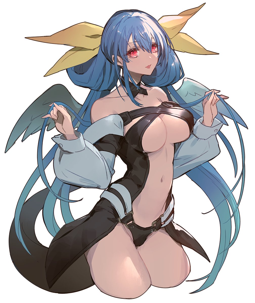 1girl, angel_wings, asymmetrical_wings, bangs, bare_shoulders, belt, black_panties, breasts