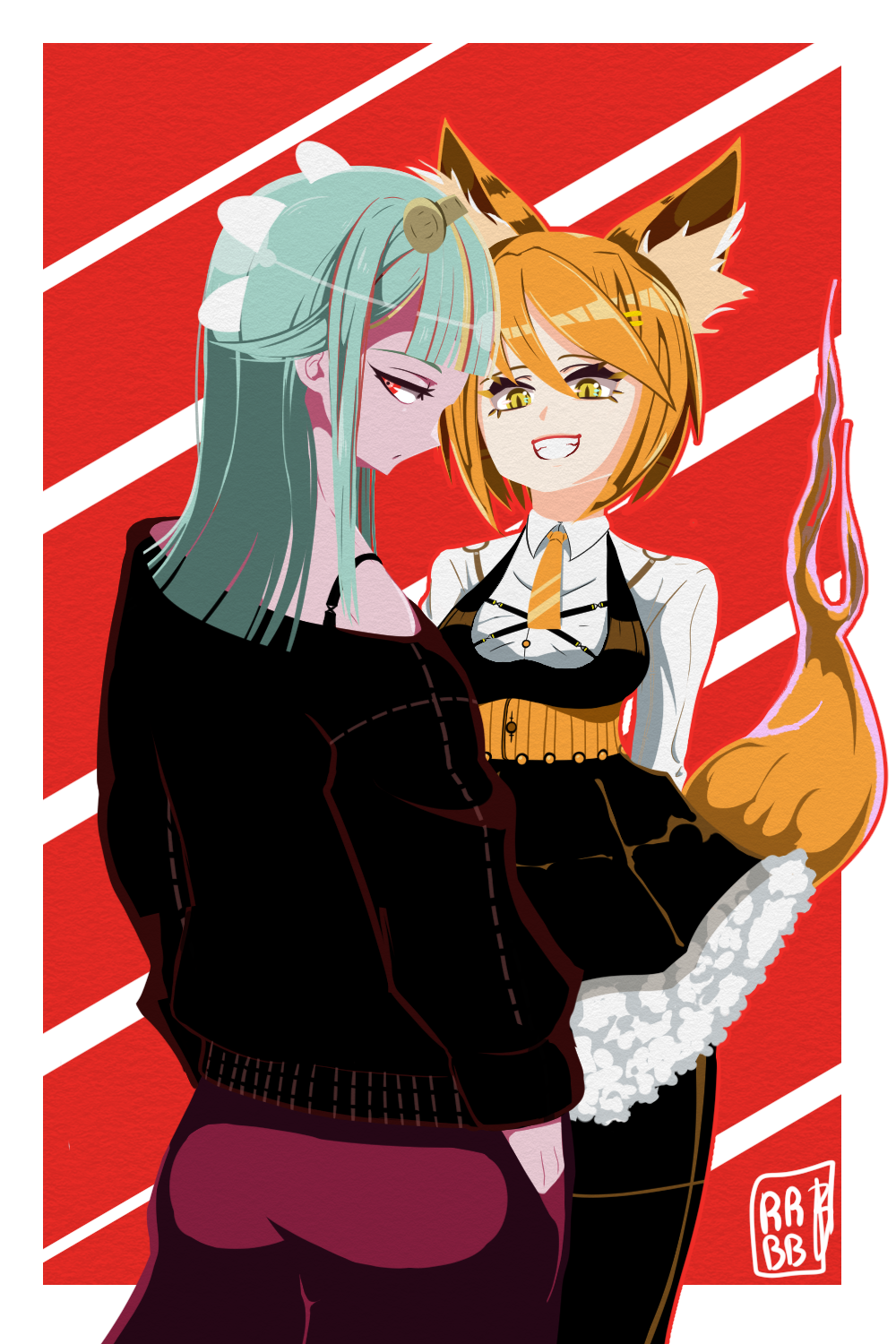 animal_ears, bobby_jack, commentary_request, fox_ears, green_hair, highres, kitsune, looking_at_viewer, maid, mermaid, monster_girl, original, red_eyes, selkie_(mythology), smile, yellow_eyes