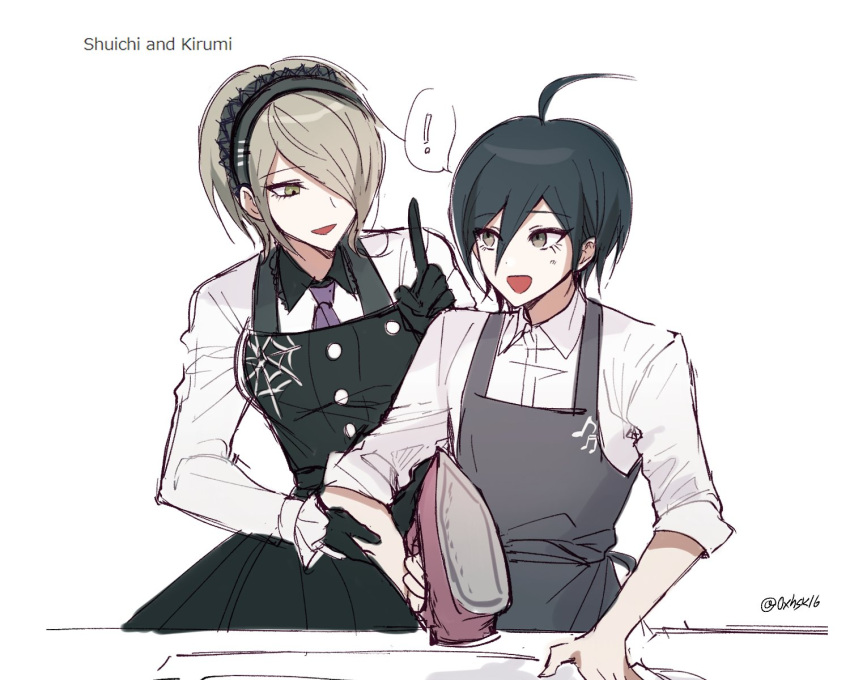 !, 16_(0xhsk16), 1boy, 1girl, :d, ahoge, alternate_costume, apron, bangs, black_dress, black_gloves, black_hair, blonde_hair, brown_eyes, character_name, collared_shirt, commentary, dangan_ronpa_(series), dangan_ronpa_v3:_killing_harmony, dress, gloves, green_eyes, grey_apron, hair_over_one_eye, hand_up, highres, holding, ironing, looking_at_another, looking_at_viewer, musical_note, musical_note_print, necktie, open_mouth, pale_skin, pinafore_dress, saihara_shuuichi, shirt, short_hair, simple_background, smile, sweatdrop, toujou_kirumi, twitter_username, white_background, white_shirt