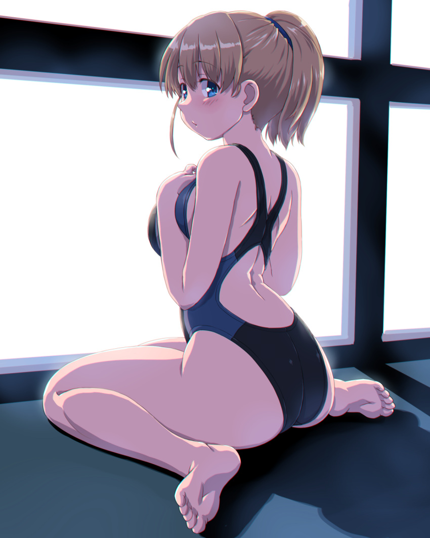 1girl, bare_arms, bare_legs, bare_shoulders, barefoot, black_swimsuit, blue_eyes, blush