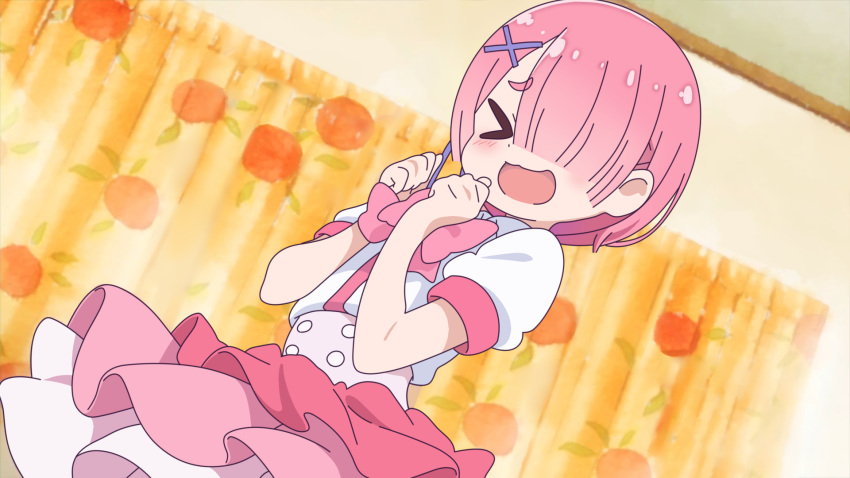 >_<, 1girl, :3, :d, bangs, blouse, blue_ribbon, blunt_bangs