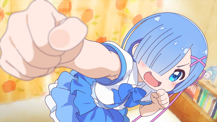>:), 1girl, armpits, blouse, blue_eyes, blue_hair, blue_ribbon, blurry, blurry_background, blurry_foreground, blush, book, bookshelf, clenched_hands, commentary_request, curtains, fang, foreshortening, frilled_skirt, frills, hair_ornament, hair_over_one_eye, hairclip, highres, hoshino_hinata, looking_at_viewer, one_eye_covered, open_mouth, orange_curtains, parody, pink_ribbon, punching, re:zero_kara_hajimeru_isekai_seikatsu, rem_(re:zero), ribbon, shadow, short_sleeves, skirt, smile, solo, style_parody, watashi_ni_tenshi_ga_maiorita!, white_blouse, younger, zuori