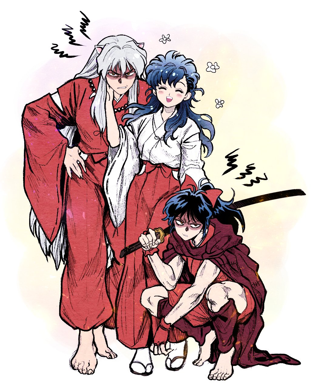 1boy, 2girls, animal_ears, barefoot, black_hair, bow, cloak, dog_ears