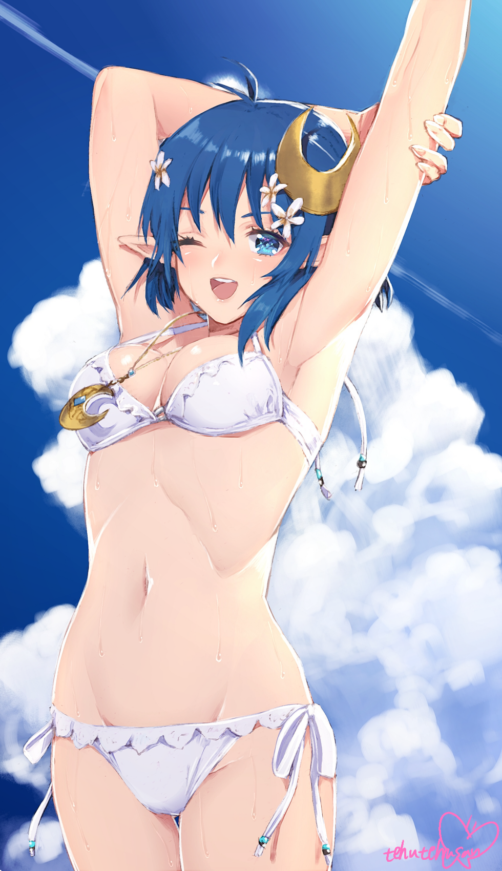 1girl, ahoge, blue_eyes, blue_hair, breasts, clouds, crescent, crescent_hair_ornament