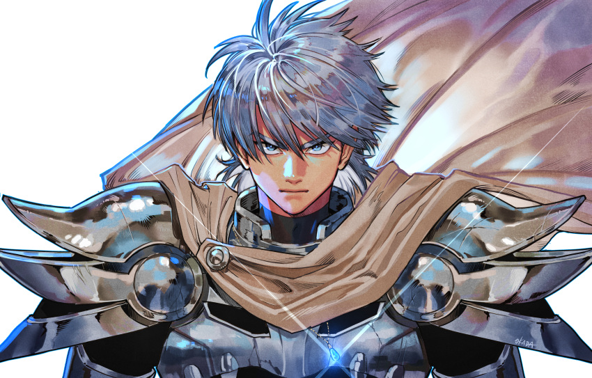 1boy, armor, bangs, black_bodysuit, blue_eyes, bodysuit, brown_cape, cape