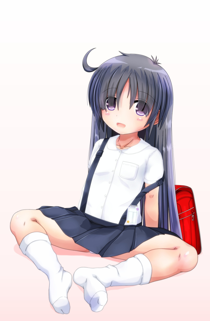 1girl, absurdres, ahoge, arms_behind_back, backpack, bag, black_hair, blue_skirt, commentary_request, damubomu, eyes_visible_through_hair, hair_over_eyes, highres, knees_apart_feet_together, legs, long_hair, name_tag, open_mouth, original, panties, panty_peek, pink_eyes, randoseru, school_uniform, shirt, short_sleeves, simple_background, sitting, skirt, smile, socks, solo, spread_legs, strap_slip, suspender_skirt, suspenders, thighs, underwear, white_background, white_footwear, white_panties, white_shirt