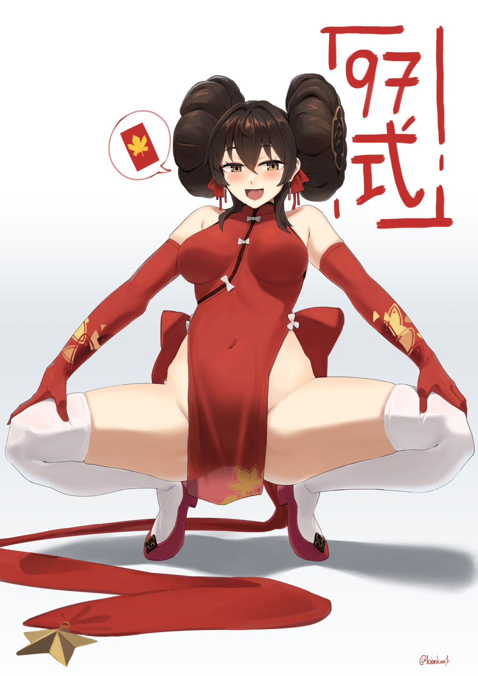 1girl, bangs, blush, breasts, breasts_apart, brown_hair, china_dress, chinese_clothes