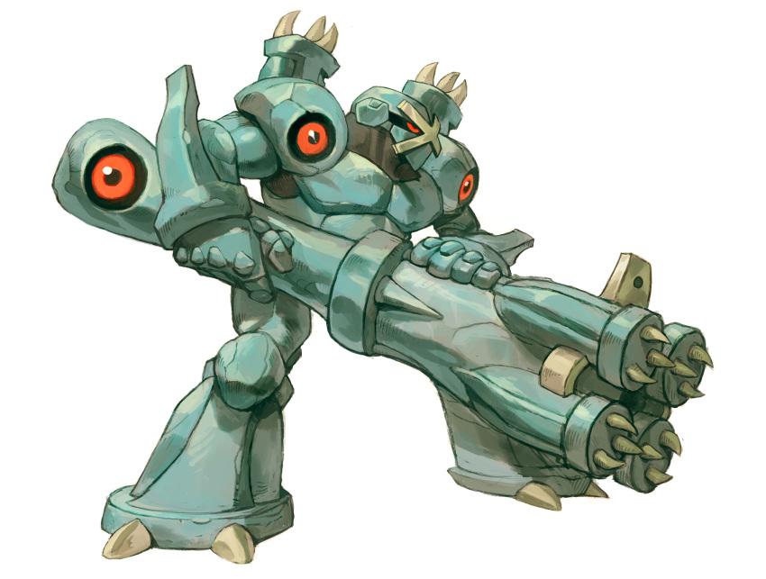 1boy, black_eyes, colored_sclera, extra_eyes, full_body, garrett_hanna, gen_3_pokemon, gun, highres, holding, holding_gun, holding_weapon, huge_weapon, ironsights, metagross, monster_hunter_(series), pokemon, red_sclera, solo, spiked_armlet, spikes, weapon, white_background