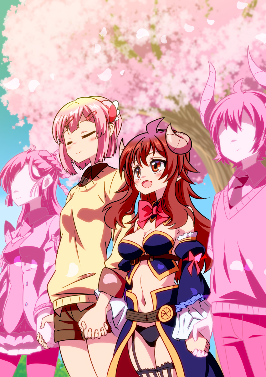 1boy, 3girls, ahoge, blush, brown_eyes, brown_hair, cherry_blossoms, chiyoda_momo, chiyoda_sakura, closed_eyes, commentary, demon_boy, demon_girl, demon_horns, demon_tail, detached_sleeves, expressive_tail, eyebrows_visible_through_hair, father_and_daughter, hair_ornament, hairclip, highres, hiroshix31, holding_hands, horns, interlocked_fingers, joshua_(machikado_mazoku), long_hair, machikado_mazoku, magical_girl, multiple_girls, navel, open_mouth, pants, petals, pink_hair, revealing_clothes, shiny, shiny_hair, short_hair, shorts, siblings, sisters, sweater_vest, tail, tree, yoshida_yuuko_(machikado_mazoku)