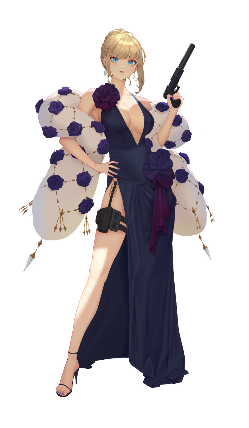 absurdres, aqua_eyes, bangs, blonde_hair, brushdog, commentary, dress, dress_flower