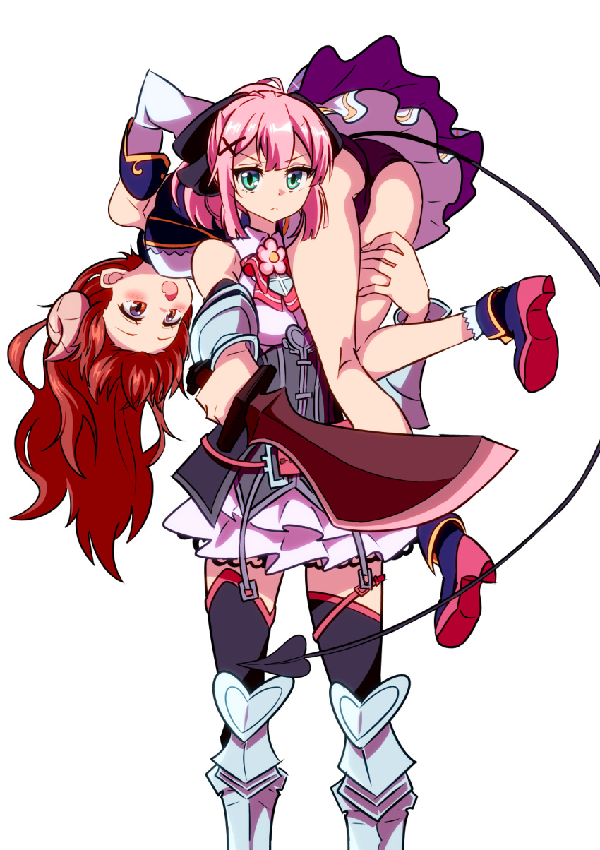2girls, ahoge, armor, blush, brown_hair, carrying, carrying_over_shoulder, chiyoda_momo