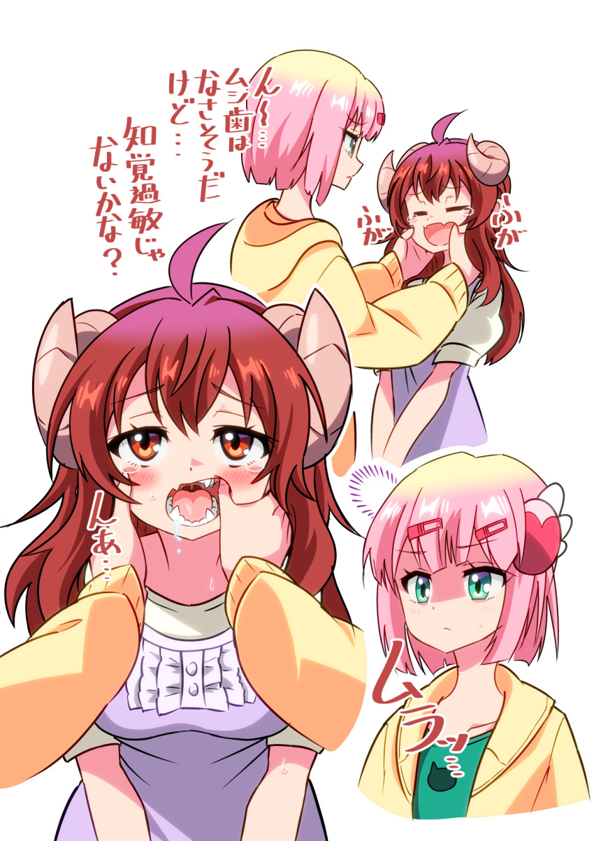 2girls, ahoge, blush, brown_eyes, brown_hair, chiyoda_momo, demon_girl, demon_horns