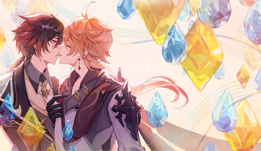2boys, bangs, black_gloves, black_hair, brown_hair, collarbone, collared_shirt, earrings
