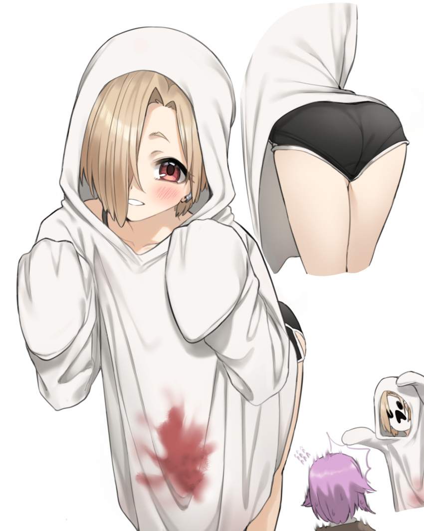 2girls, applepie_(12711019), ass, blonde_hair, blush, commentary_request, ear_piercing, earrings