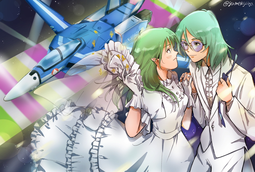 1boy, 1girl, alien, aqua_hair, blush, canopy, choujikuu_yousai_macross, commentary_request