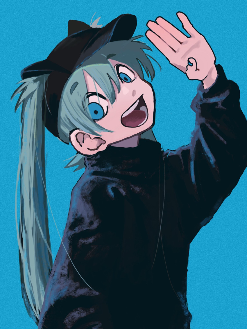 1girl, alternate_costume, aqua_hair, bangs, black_headwear, black_sweater, blue_background, blue_eyes, blue_nails, end80236189, eyebrows_visible_through_hair, hair_between_eyes, hand_up, hatsune_miku, highres, long_hair, long_sleeves, looking_at_viewer, open_mouth, simple_background, smile, solo, sweater, twintails, upper_body, vocaloid