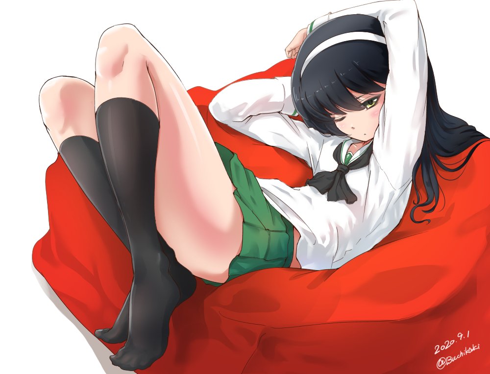 1girl, arms_up, bangs, bean_bag_chair, black_hair, black_legwear, black_neckwear, blouse, brown_eyes, buchikaki, closed_mouth, commentary, dated, girls_und_panzer, green_skirt, hairband, half-closed_eye, legs, long_hair, long_sleeves, looking_at_viewer, lying, miniskirt, neckerchief, no_shoes, on_back, one_eye_closed, ooarai_school_uniform, pleated_skirt, reizei_mako, sailor_collar, school_uniform, serafuku, skirt, sleepy, socks, solo, twitter_username, white_background, white_blouse, white_hairband, white_sailor_collar