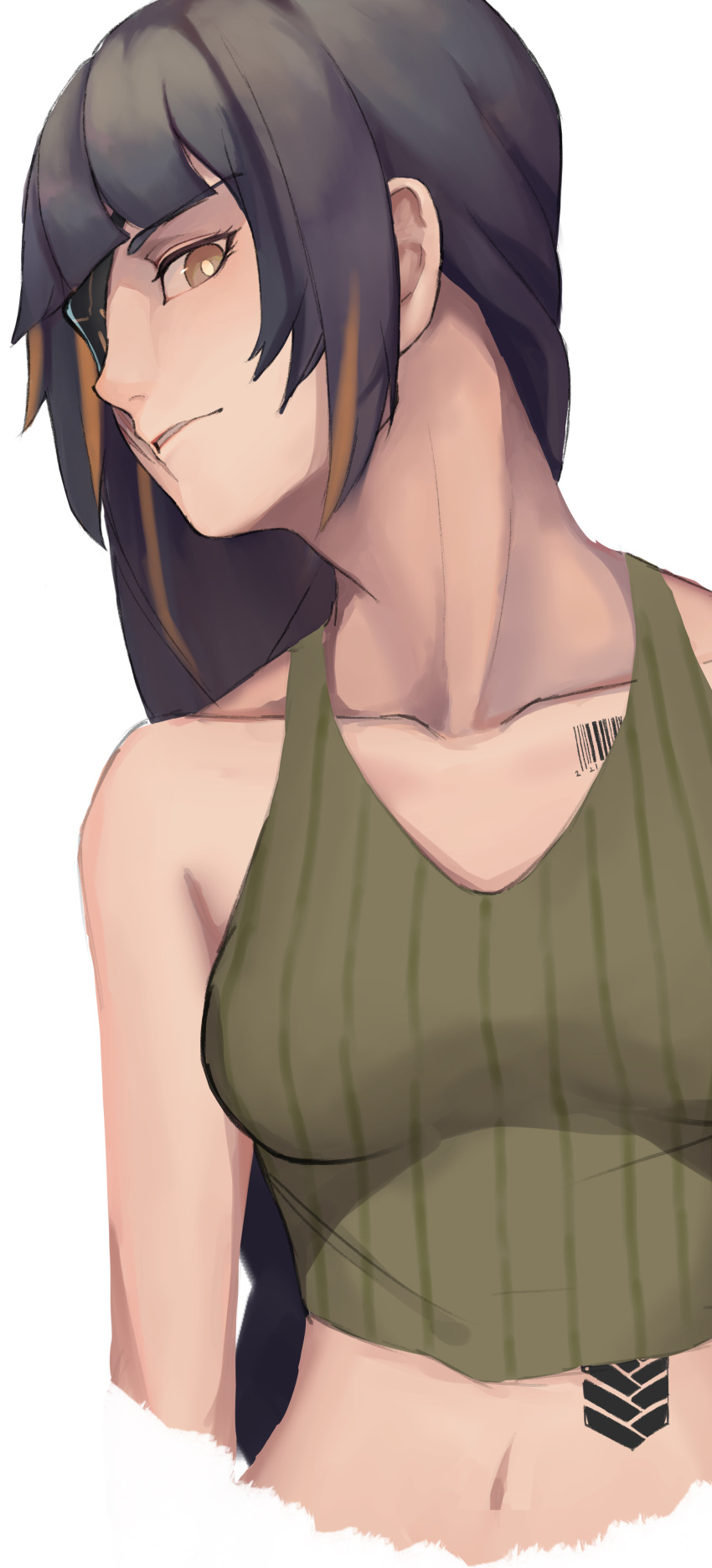 1girl, absurdres, bangs, barcode, barcode_tattoo, black_hair, blonde_hair, blunt_bangs, braid, breasts, cropped_torso, eyepatch, girls_frontline, green_tank_top, highres, kkkhosuke, long_hair, m16a1_(girls_frontline), medium_breasts, multicolored_hair, simple_background, single_braid, solo, streaked_hair, tank_top, tattoo, upper_body, white_background, yellow_eyes