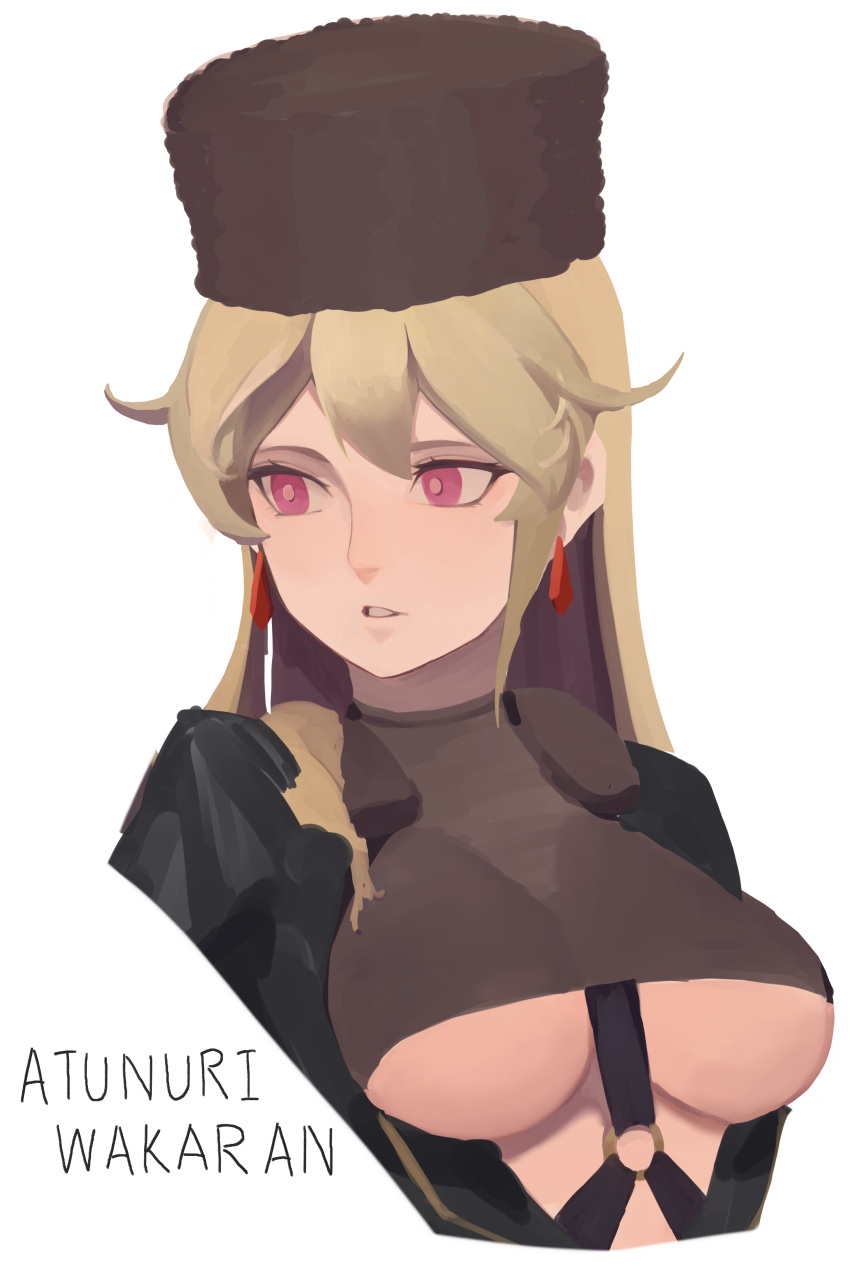 1girl, absurdres, bangs, black_headwear, blonde_hair, breasts, cropped_torso, earrings