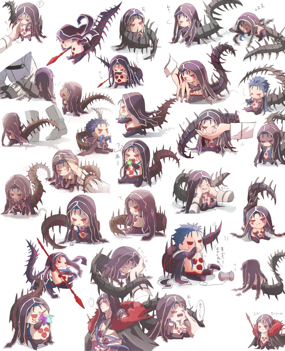 1other, 2boys, angry, blue_hair, bodypaint, cape, chibi, closed_mouth, cu_chulainn_(fate)_(all), cu_chulainn_alter_(fate/grand_order), dark_persona, detached_hood, eating, facepaint, fate/grand_order, fate_(series), fujimaru_ritsuka_(male), full_body, fur-trimmed_cape, fur_trim, gae_bolg_(fate), hair_down, highres, holding, holding_polearm, holding_weapon, hood, long_hair, mana_prism, mini_cu-chan_(fate), multiple_boys, multiple_views, needle, open_mouth, pants, petting, polearm, ponytail, red_eyes, saint_quartz, sharp_teeth, shirtless, simple_background, sleeping, speech_bubble, spikes, spiky_hair, spool, tail, teeth, touching, weapon, white_background, yukinaga