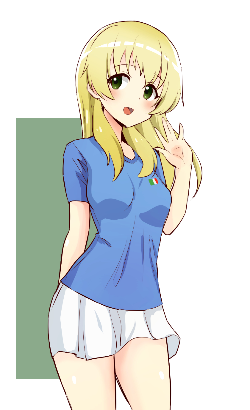 1girl, arm_behind_back, azure_blue_t-shirt, bangs, blonde_hair, blue_t-shirt, carpaccio_(girls_und_panzer), casual