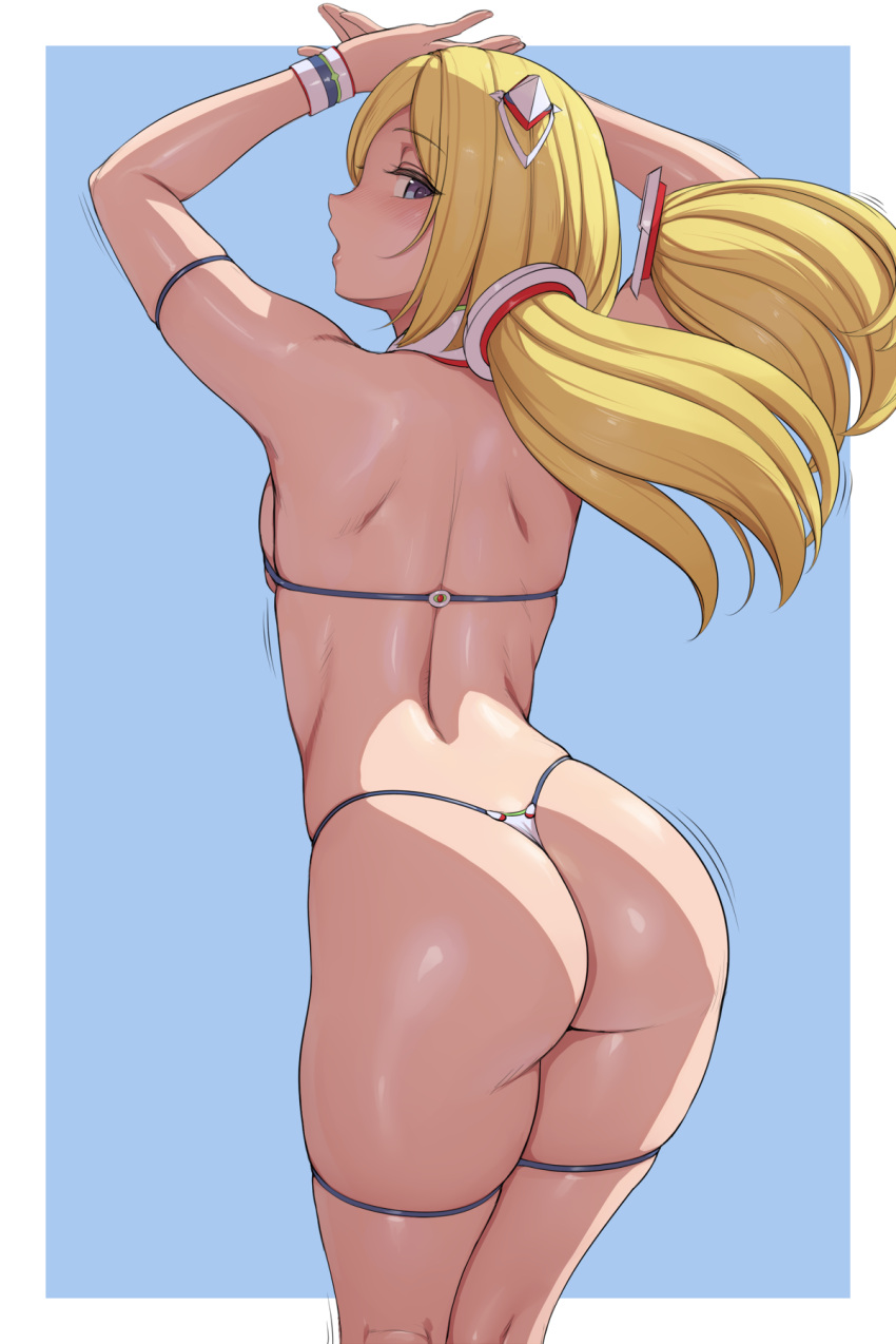 1girl, aki_rosenthal, arm_strap, ass, bangs, blonde_hair, blue_background, bob_cut, border, breasts, butt_crack, cowboy_shot, detached_hair, highres, hololive, low_twintails, lvl_(sentrythe2310), parted_bangs, shiny, shiny_skin, short_hair, sideboob, solo, string_bikini, thigh_strap, twintails, violet_eyes, virtual_youtuber, white_border, wrist_cuffs