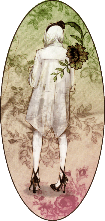 1girl, back, black_footwear, black_headband, facing_away, floral_background, flower, full_body, headband, high_heels, long_sleeves, medium_hair, oho_(bananaman), original, see-through, solo, standing, white_hair
