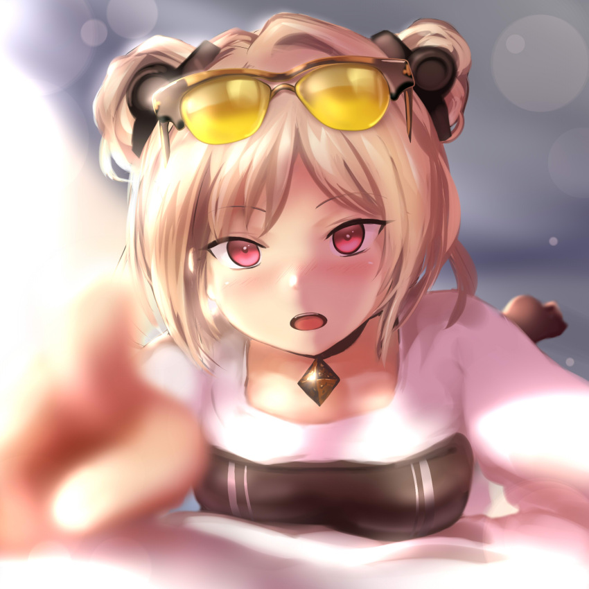 1girl, blurry, blurry_foreground, blush, breasts, choker, double_bun, girls_frontline