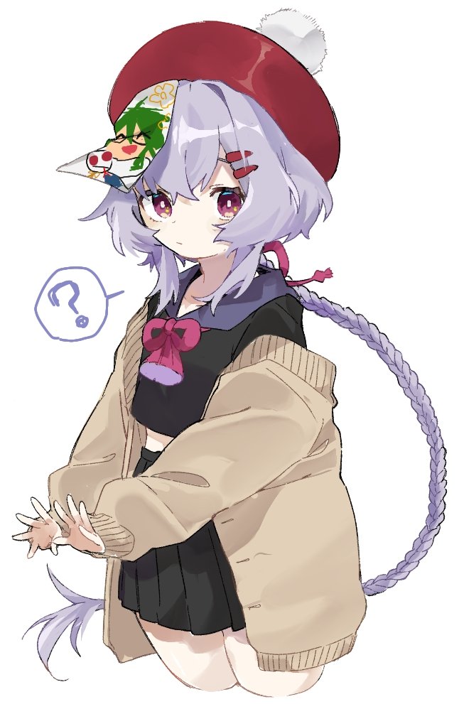 1girl, ?, alternate_costume, baizhu_(genshin_impact), bangs, beret, black_skirt, braid