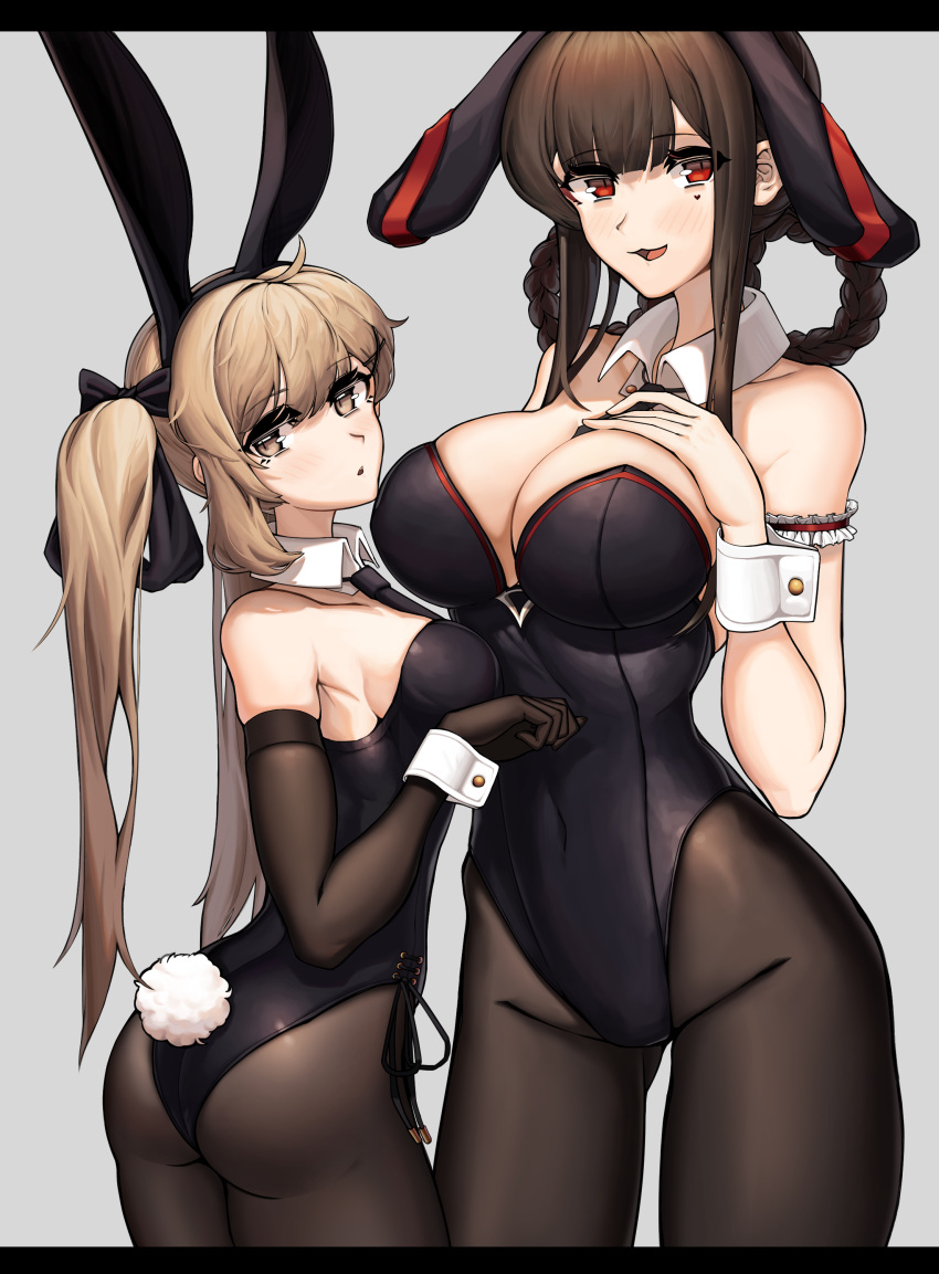 2girls, absurdres, alternate_costume, alternate_hairstyle, ass, bare_shoulders, between_breasts, breasts