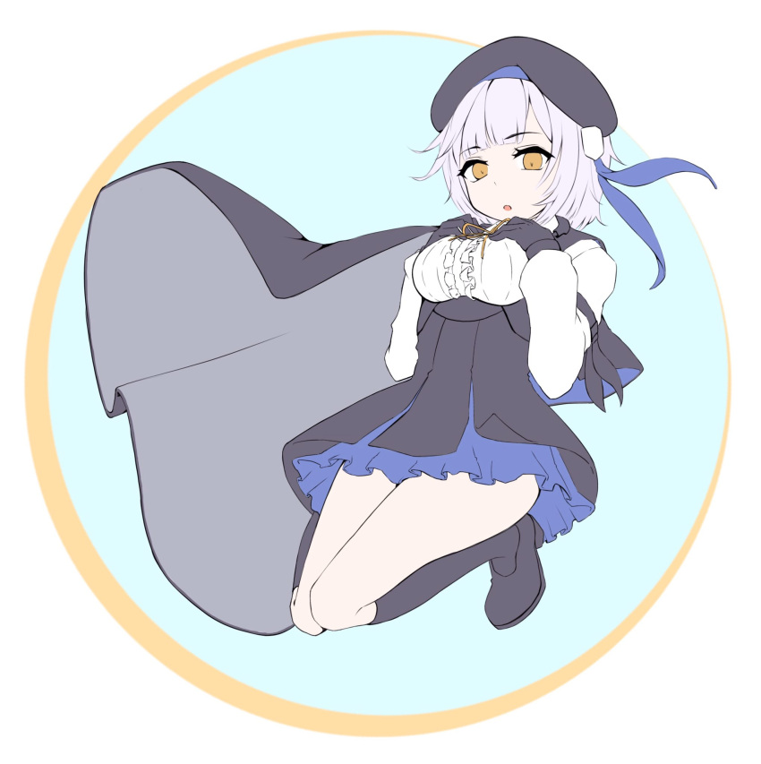 1girl, beret, breasts, cape, doboru_(pixiv20862474), dress, expressionless, flat_color