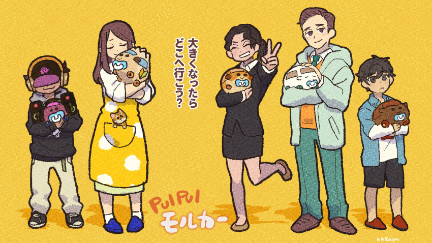 2girls, 3boys, ^_^, abby's_driver_(pui_pui_molcar), abby_(pui_pui_molcar), animal, apron, baseball_cap