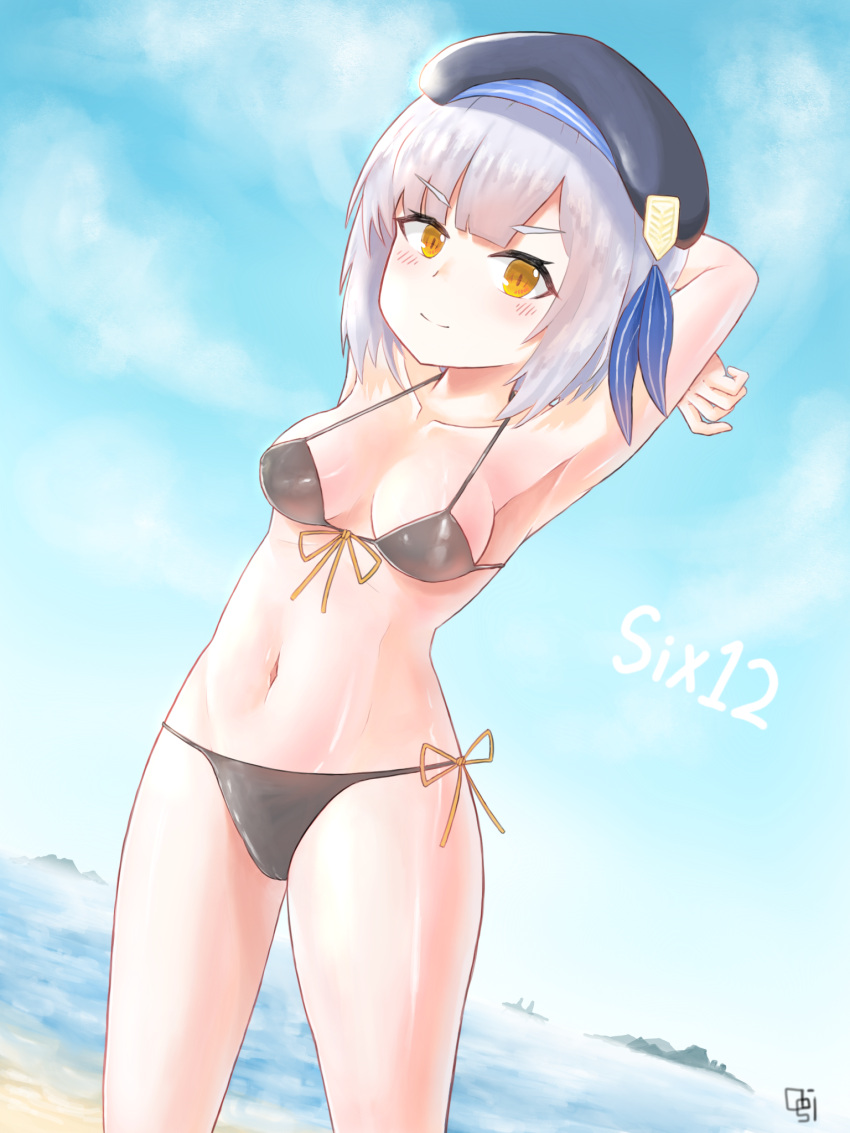 1girl, arms_behind_head, beach, beret, bikini, blush, breasts, collarbone