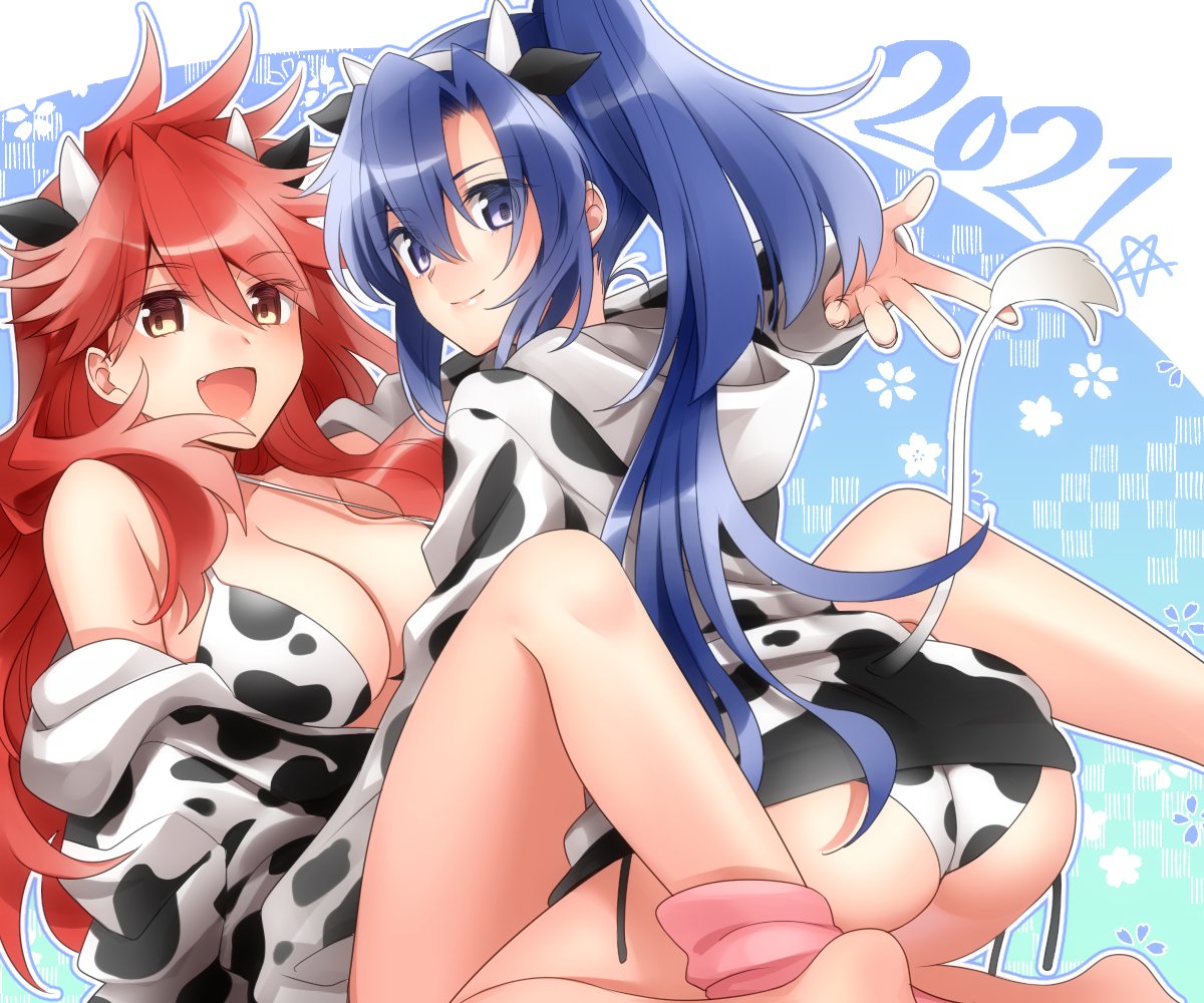 2021, 2girls, :d, amou_kanade, animal_ears, animal_print, bangs, bikini, blue_background, blue_eyes, blue_hair, breasts, brown_eyes, chinese_zodiac, closed_mouth, commentary, cow_ears, cow_horns, cow_print, cow_tail, eyebrows_visible_through_hair, fake_animal_ears, fake_horns, fake_tail, fang, hood, hood_down, hoodie, horns, kazanari_tsubasa, kneeling, lanlanlap, large_breasts, leaning_back, leaning_forward, long_hair, looking_at_viewer, looking_back, messy_hair, multiple_girls, new_year, off_shoulder, open_mouth, pink_legwear, print_bikini, print_hoodie, redhead, senki_zesshou_symphogear, side_ponytail, sitting, smile, socks, swimsuit, tail, year_of_the_ox