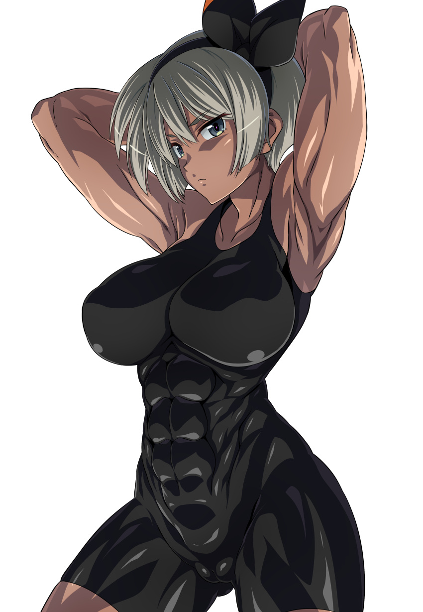 1girl, abs, absurdres, armpits, arms_behind_head, arms_up, bangs, bea_(pokemon), black_bodysuit, black_hairband, bodysuit, bow_hairband, breasts, collarbone, covered_abs, dark_skin, dark-skinned_female, grey_eyes, grey_hair, gym_leader, hair_between_eyes, hairband, highres, j.h., large_breasts, looking_at_viewer, muscular, muscular_female, pokemon, pokemon_(game), pokemon_swsh, short_hair, short_sleeves, simple_background, thighs, toned