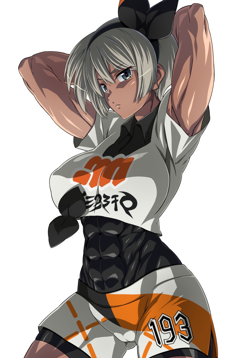 1girl, abs, absurdres, arms_behind_head, arms_up, bangs, bea_(pokemon), black_bodysuit, black_hairband, bodysuit, bodysuit_under_clothes, bow_hairband, breasts, collared_shirt, covered_abs, dark_skin, dark-skinned_female, grey_eyes, grey_hair, gym_leader, hair_between_eyes, hairband, highres, j.h., large_breasts, looking_at_viewer, muscular, muscular_female, pokemon, pokemon_(game), pokemon_swsh, print_shirt, print_shorts, shirt, short_hair, short_sleeves, shorts, simple_background, thighs, tied_shirt, toned, white_shirt, white_shorts