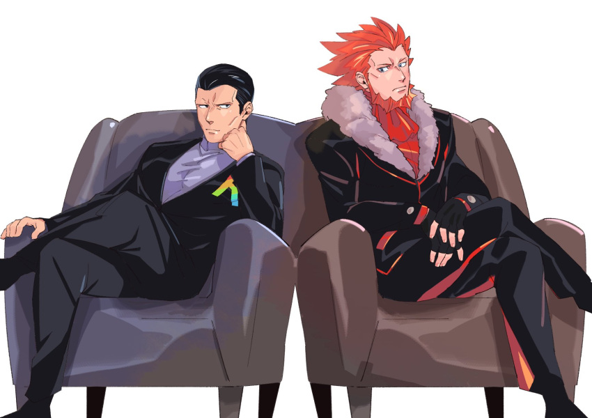 2boys, black_gloves, black_hair, black_jacket, black_pants, chair, closed_mouth, commentary_request, crossed_legs, facial_hair, fingerless_gloves, fur-trimmed_jacket, fur_trim, giovanni_(pokemon), gloves, green_(grimy), highres, jacket, long_sleeves, lysandre_(pokemon), male_focus, multiple_boys, orange_hair, pants, pokemon, pokemon_(game), pokemon_usum, pokemon_xy, sitting