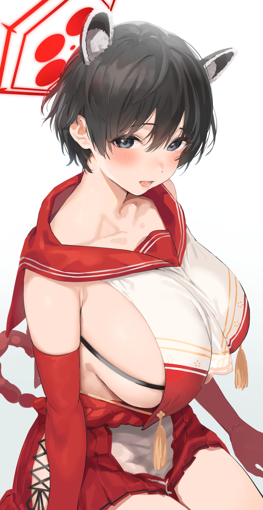 1girl, animal_ears, bangs, black_eyes, black_hair, blue_archive, blush, breasts