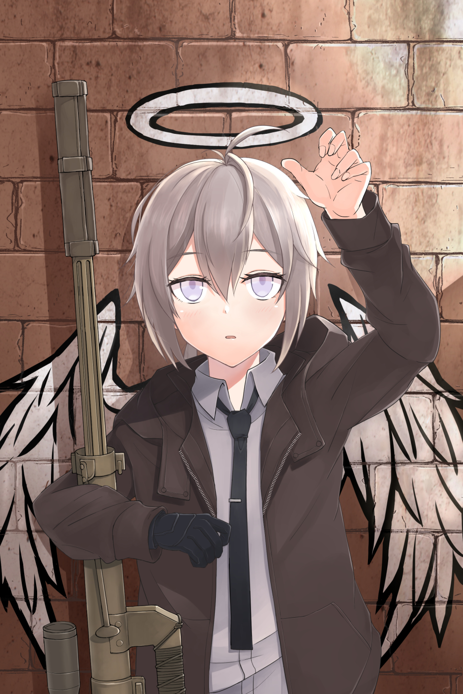 1girl, ahoge, angel_wings, bangs, black_neckwear, bolt_action, brick_wall, cheytac_m200