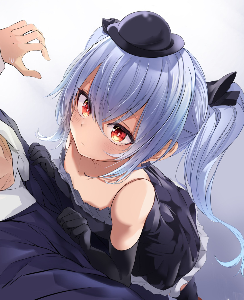 1boy, 1girl, bangs, bare_shoulders, black_gloves, black_headwear, black_legwear, black_ribbon