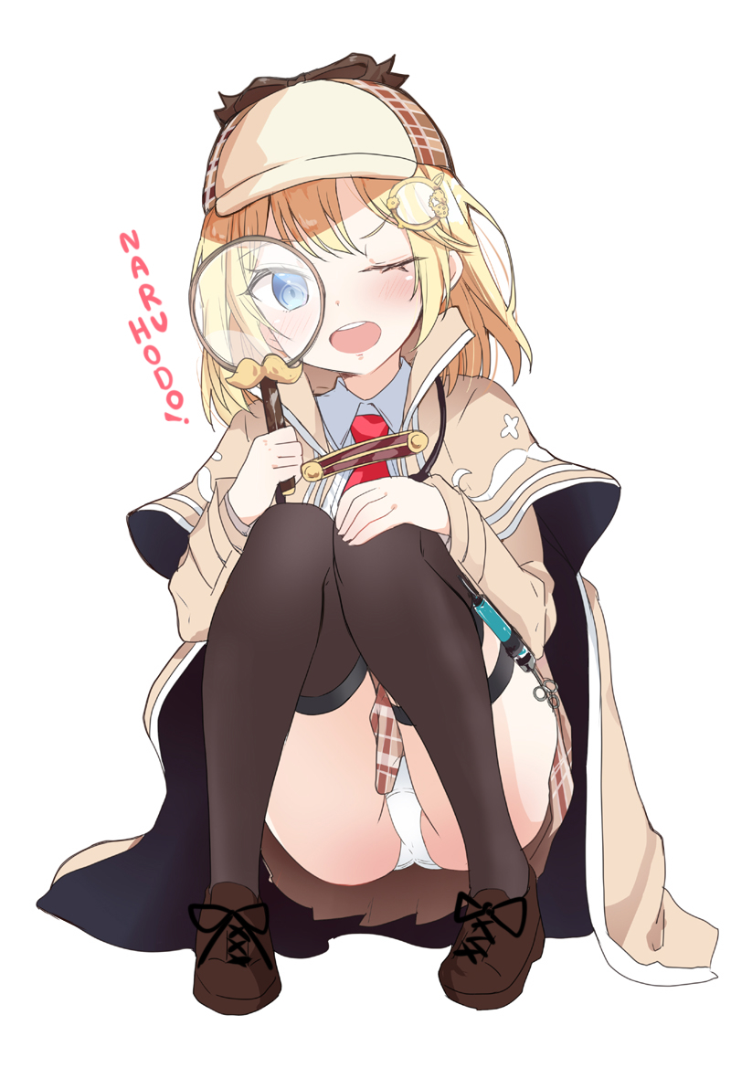 1girl, ;d, beige_capelet, black_legwear, blonde_hair, brown_footwear, capelet, deerstalker, full_body, hair_ornament, hat, holding_magnifying_glass, hololive, hololive_english, itamochi, long_sleeves, looking_at_viewer, magnifying_glass, medium_hair, monocle_hair_ornament, one_eye_closed, open_mouth, panties, plaid, plaid_skirt, pleated_skirt, romaji_text, shoes, simple_background, skirt, smile, solo, squatting, syringe, syringe_holster, thigh-highs, thigh_strap, underwear, virtual_youtuber, watson_amelia, white_background, white_panties