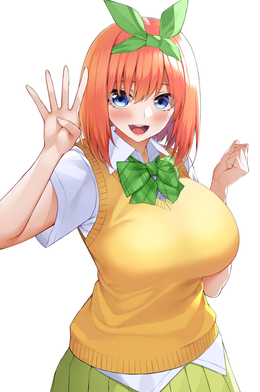 1girl, bangs, blue_eyes, bow, bowtie, breasts, go-toubun_no_hanayome, green_neckwear