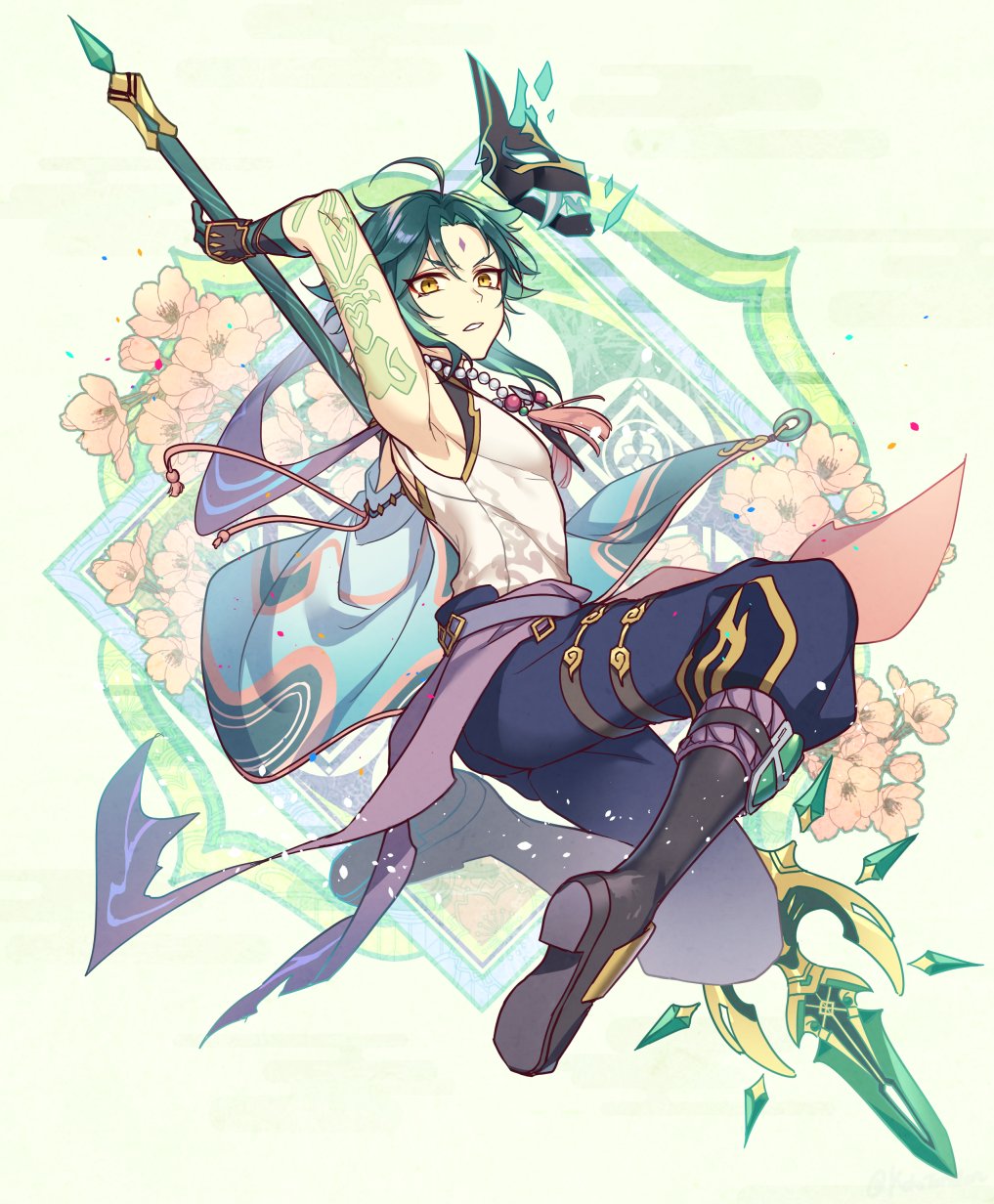 1boy, ahoge, arm_guards, arm_tattoo, arm_up, bangs, bare_shoulders, bead_necklace