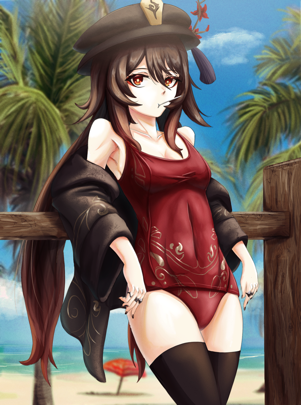 1girl, adapted_costume, armpits, bare_shoulders, beach, black_headwear, black_legwear, black_shirt, breasts, brown_hair, covered_navel, cowboy_shot, flower, genshin_impact, gradient_hair, hair_between_eyes, haonfest_art, hat, hat_flower, highres, hu_tao, jewelry, long_hair, long_sleeves, looking_at_viewer, medium_breasts, mouth_hold, multicolored_hair, multiple_rings, nail_polish, off_shoulder, one-piece_swimsuit, open_clothes, open_shirt, outdoors, plum_blossoms, red_eyes, red_flower, red_swimsuit, ring, school_swimsuit, shirt, solo, standing, swimsuit, thigh-highs, thighs, twintails, very_long_hair, wide_sleeves