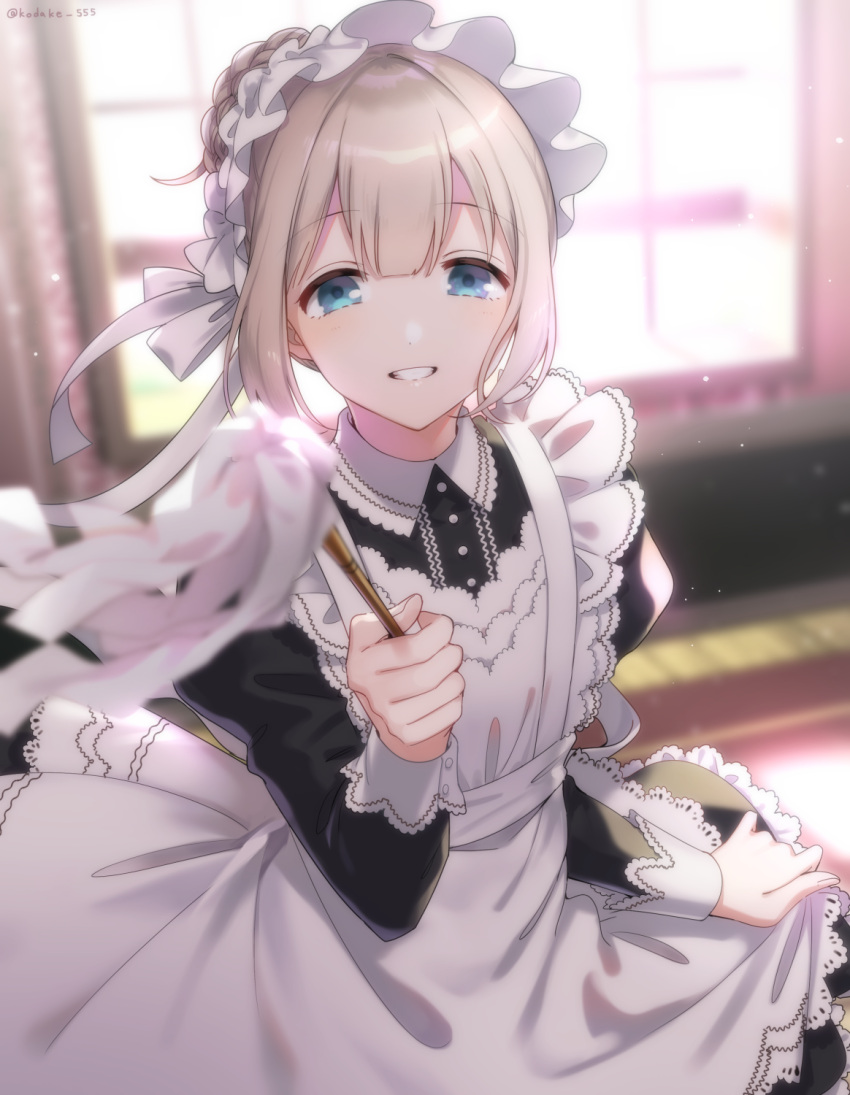 1girl, alternate_costume, apron, bangs, black_dress, blue_eyes, blurry, blurry_background