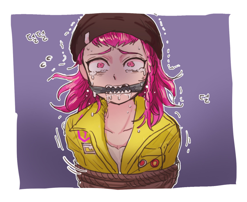 bangs, beanie, black_headwear, border, bound, crying, crying_with_eyes_open, dangan_ronpa_(series)