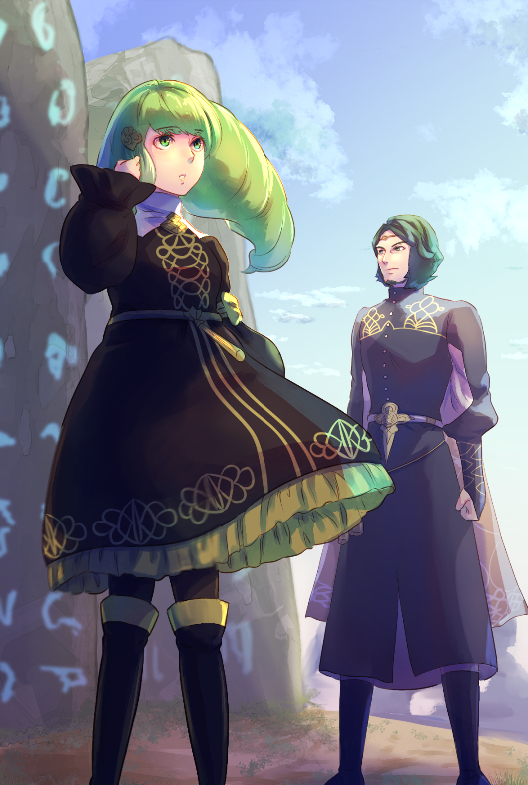 1boy, 1girl, blue_sky, brother_and_sister, closed_mouth, clouds, day, fire_emblem