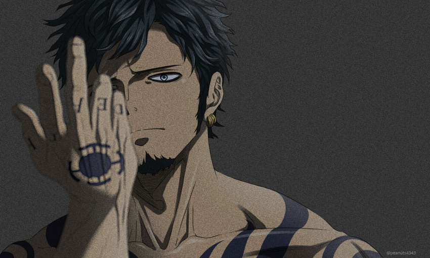 1boy, arm_tattoo, black_hair, blurry_foreground, chest_tattoo, collarbone, earrings, face