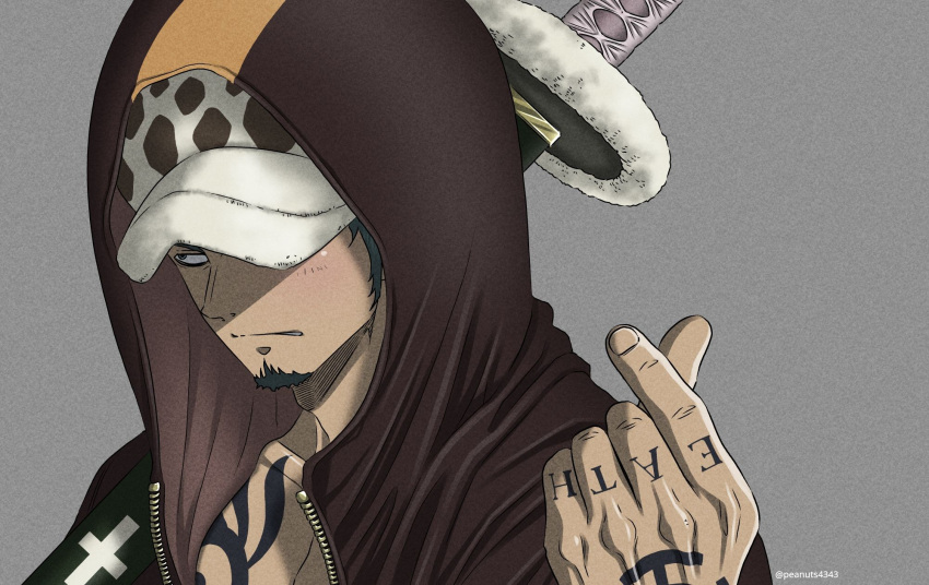 1boy, arm_tattoo, bare_pecs, black_eyes, black_hair, blush, brown_jacket, chest_tattoo